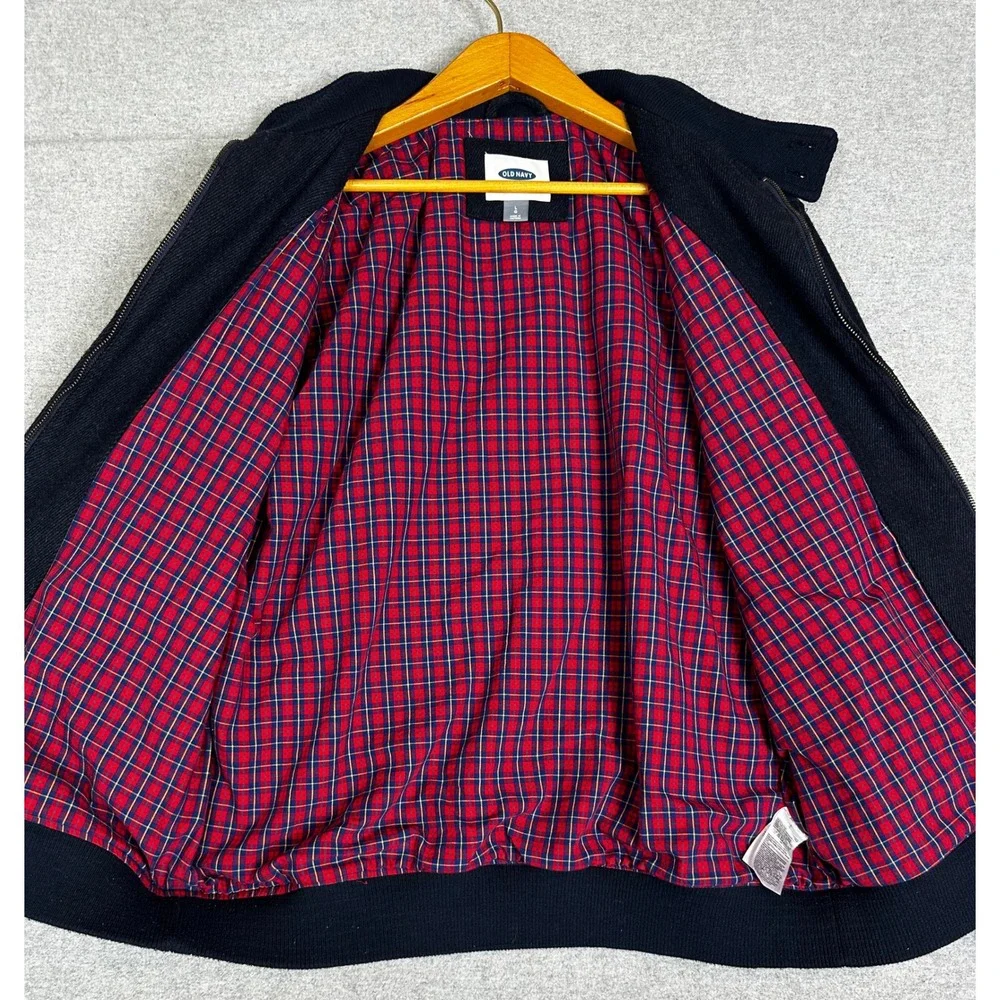 Old Navy Wool Harrington Jacket Mens L Navy Blue Plaid Lined Bomber